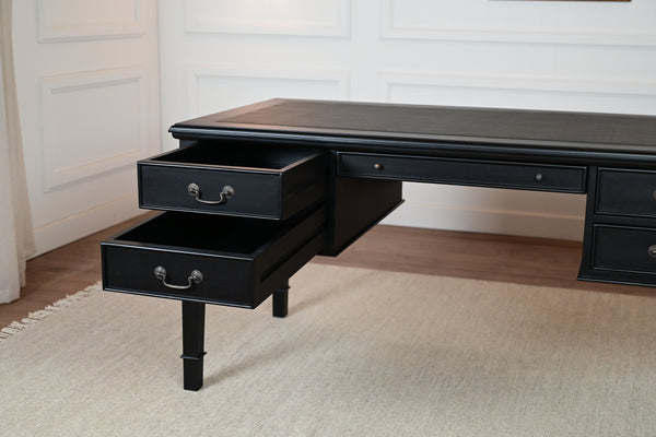 York Grande 160x80 - classic English writing desk - black - Brass handles - mahogany