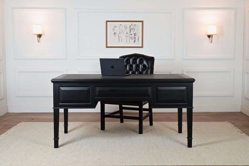 York Grande 160x80 - bureau anglais classique - noir - poignées dorées - acajou