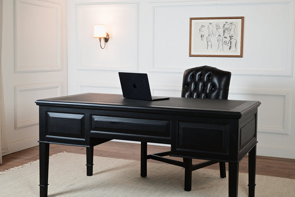 York Grande 160x80 - classic English writing desk - black - Brass handles - mahogany