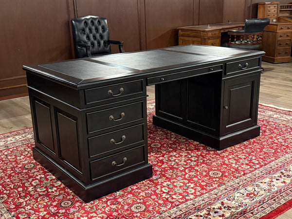 Vintage bureau, zwart, klassiek Engels bureau, mahoniehout, zwart leer, 588