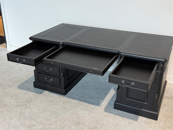 Vintage bureau, zwart, klassiek Engels bureau, mahoniehout, zwart leer, 705
