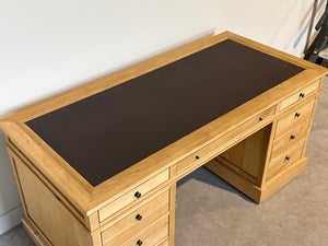 Vintage bureau, klassiek Engels bureau, eikenhout, bruin leer