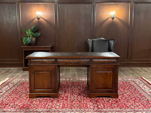 Vintage bureau, klassiek Engels bureau, teakhout, bruin leer, 660