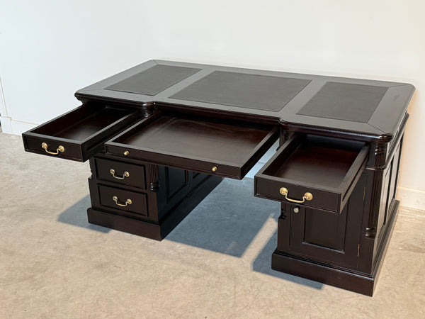 Vintage bureau, donker kers, klassiek Engels bureau, mahoniehout, zwart leer, 705