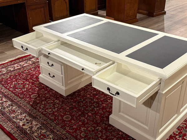 Vintage-Schreibtisch, weiß, klassischer englischer Schreibtisch, Mahagoni, schwarzes Leder, 639