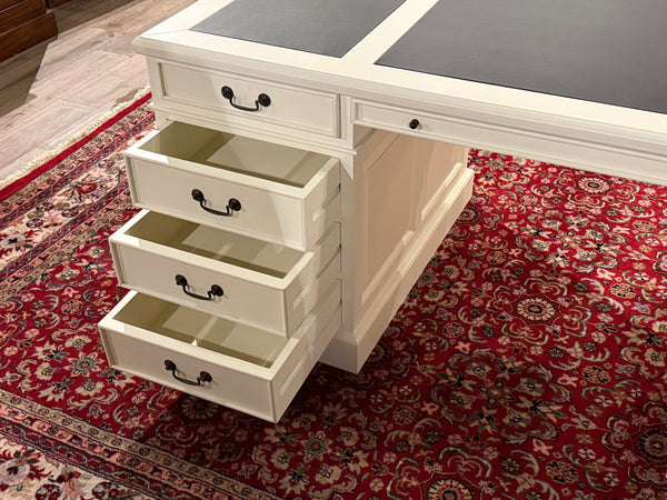 Vintage-Schreibtisch, weiß, klassischer englischer Schreibtisch, Mahagoni, schwarzes Leder, 639