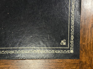 Antique Desk (partner desk) 410 - Classic English desk, Dark blue leather, Brass handles, light oak wood, ca. 1920s