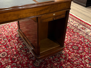 Bureau vintage, bureau anglais classique, acajou, cuir bleu, 690