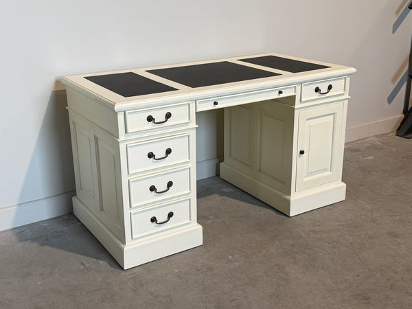 Vintage bureau, wit, klassiek Engels bureau, mahoniehout, zwart leer, 704