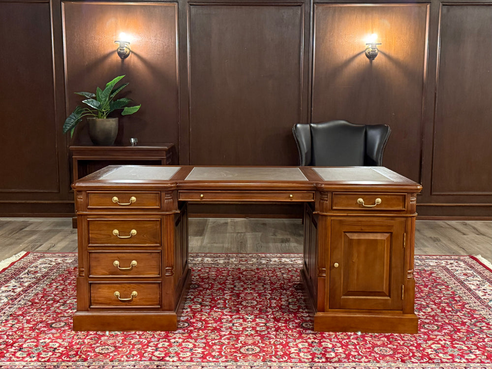 Vintage bureau, klassiek Engels bureau, mahoniehout, bruin leer, 609