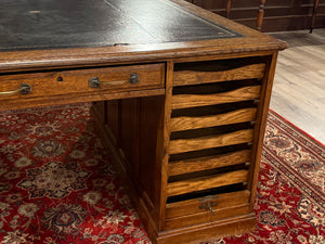 Antique Desk (partner desk) 410 - Classic English desk, Dark blue leather, Brass handles, light oak wood, ca. 1920s