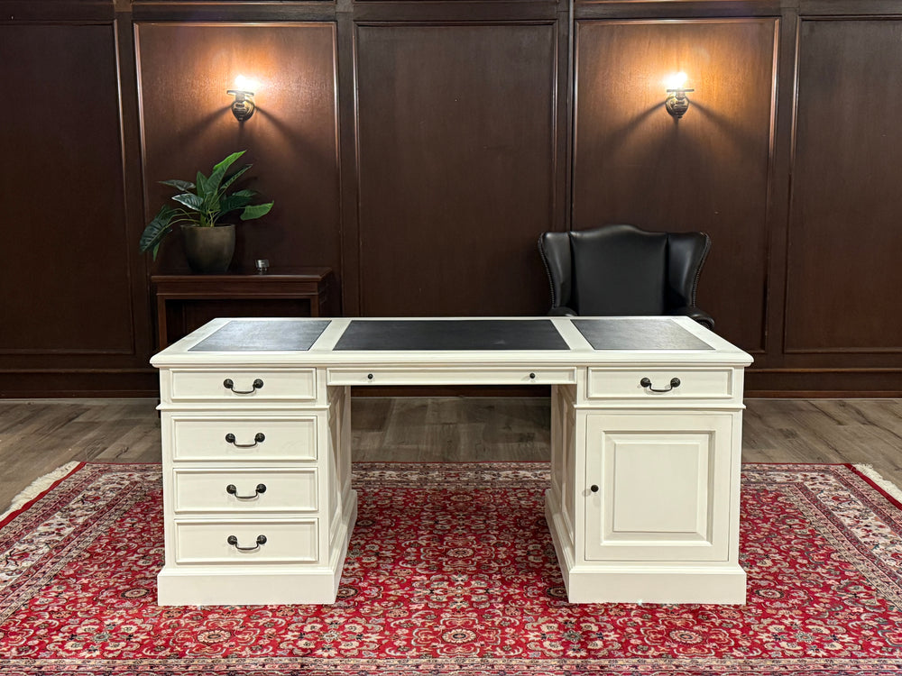 Vintage bureau, wit, klassiek Engels bureau, mahoniehout , zwart leer, 610