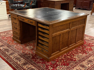 Antique Desk (partner desk) 410 - Classic English desk, Dark blue leather, Brass handles, light oak wood, ca. 1920s