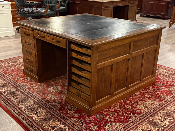 Antique Desk (partner desk) 410 - Classic English desk, Dark blue leather, Brass handles, light oak wood, ca. 1920s