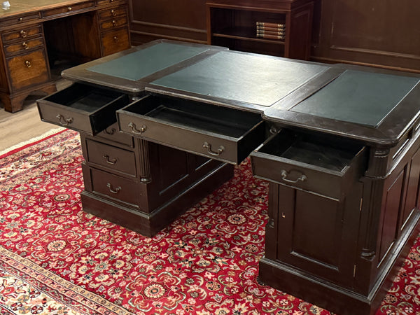 Bureau vintage, bureau anglais classique, bureau double, acajou, cuir vert, 688