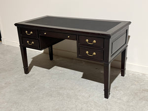 Vintage schrijftafel, klassiek Engels bureau, mahoniehout, zwart leer, 712