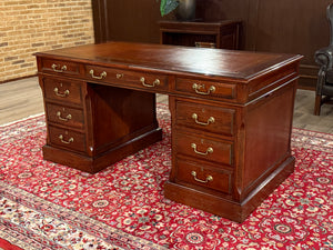 Bureau vintage, bureau anglais classique, bois de cerisier, cuir orange, 654