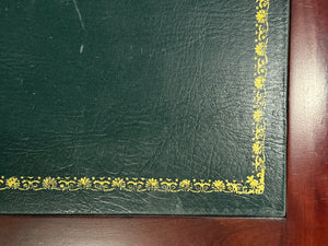 Vintage bureau, partnerdesk, klassiek Engels bureau, mahoniehout, groen leer, 615