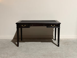 Vintage schrijftafel, klassiek Engels bureau, mahoniehout, zwart leer, 713