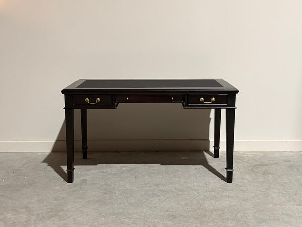 Vintage schrijftafel, klassiek Engels bureau, mahoniehout, zwart leer, 713