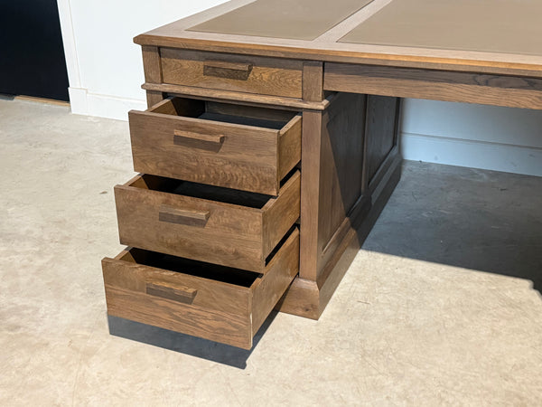 Vintage bureau, partnerdesk, eikenhout, bruin leer,