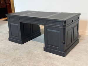 Vintage bureau, zwart, klassiek Engels bureau, mahoniehout, zwart leer, 705