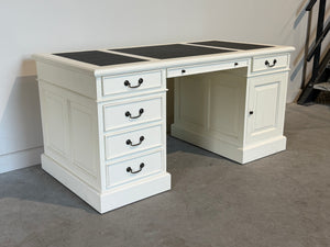 Vintage bureau, wit, klassiek Engels bureau, mahoniehout, zwart leer, 704
