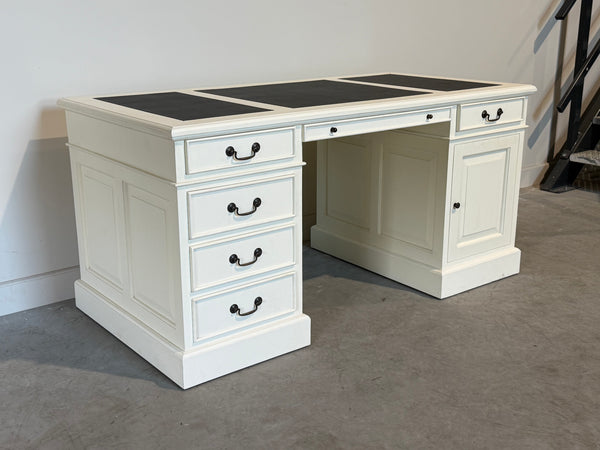 Vintage bureau, wit, klassiek Engels bureau, mahoniehout, zwart leer, 704