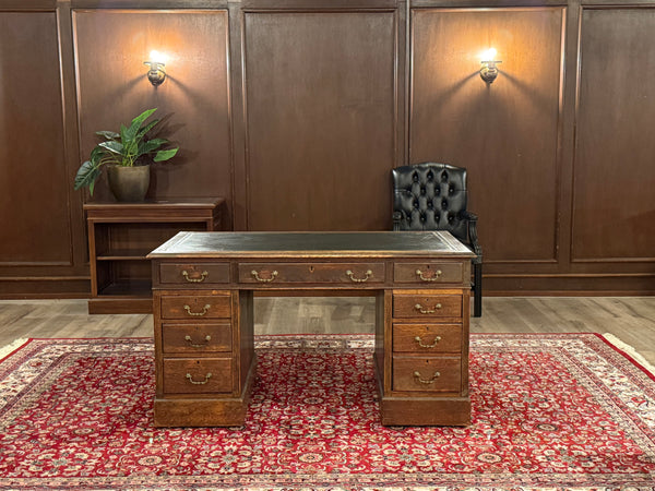 Vintage bureau, antiek Engels bureau, eikenhout, groen leer, 571